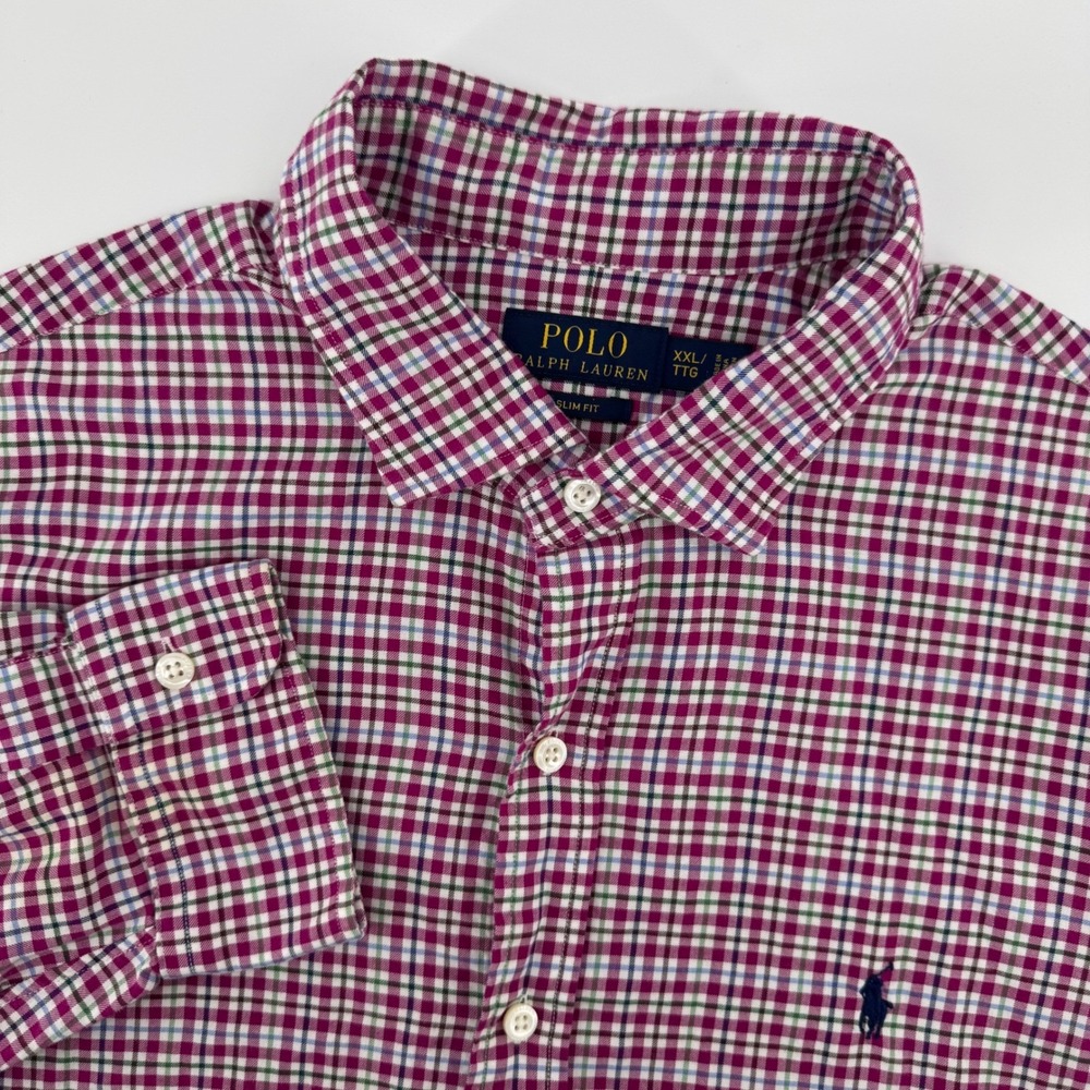 Polo Ralph Lauren Button Down Mens XXL Magenta Plaid Slim Fit‎ Long Sleeve Shirt